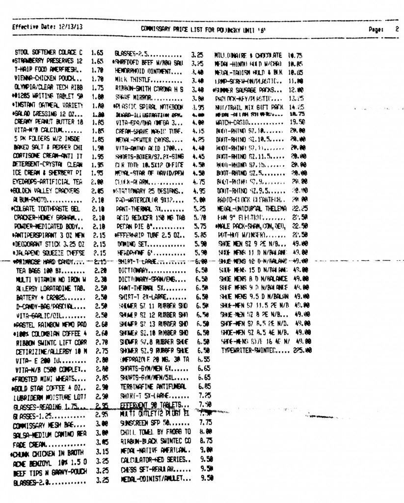 Polunky Unit Commissary List