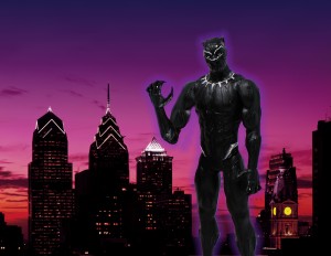 Steven created this image for Yafis "Boo Rock" held in Fayette prison in Pennsylvania. Boo Rock requested to see "a photograph of the superhero Black Panther with the Philadelphia skyline behind him or the street sign of the block I lived on behind him (65th St + Greenway Ave)."