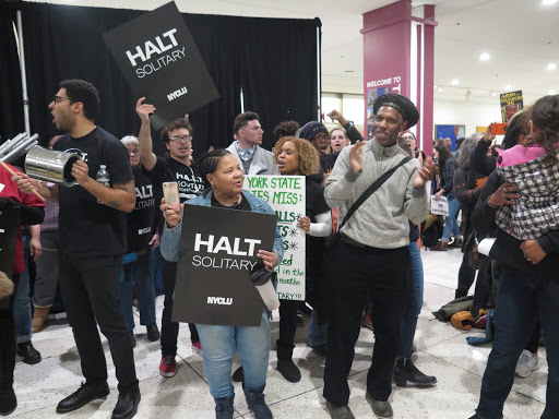 Demonstrators chant and dance in support of the HALT Solitary Act. Photo: Katie Rose Quandt